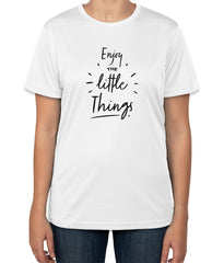 White Cotton T-Shirt with "Enjoy the Little Things" Text | Half Sleeve | Sizes S, M, L