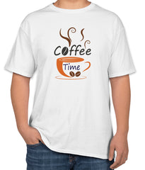 Coffee Time White Cotton T-Shirt | Coffee Cup & Beans Graphic | Sizes S, M, L