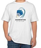 White Cotton T-Shirt with 'Badminton Player' Text | Sports Day Apparel | Sizes S, M, L