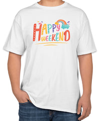 White Cotton "Happy Weekend" T-Shirt | Half Sleeve | Sizes S, M, L