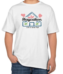 White Cotton "Staycation: Life is never flat" T-Shirt | Half Sleeve | Sizes S, M, L