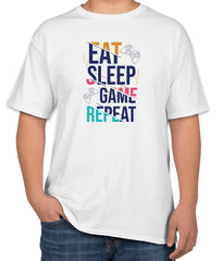 White Cotton "Eat Sleep Game Repeat" T-Shirt | Half Sleeve | Sizes S, M, L