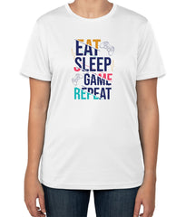 White Cotton "Eat Sleep Game Repeat" T-Shirt | Half Sleeve | Sizes S, M, L