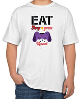 White Cotton "Eat, Sleep, Game, Repeat" T-Shirt | Half Sleeve | Sizes S, M, L