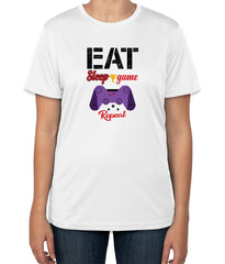 White Cotton "Eat, Sleep, Game, Repeat" T-Shirt | Half Sleeve | Sizes S, M, L
