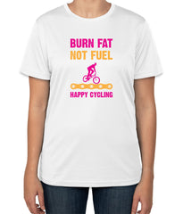 White Cotton T-Shirt with "Burn Fat Not Fuel, Happy Cycling" Text | Half Sleeve | Sizes S, M, L