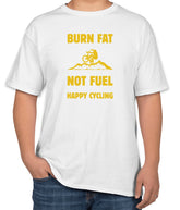 White Cotton T-Shirt with "Burn Fat Not Fuel, Happy Cycling" Text 2 | Half Sleeve | Sizes S, M, L