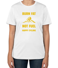 White Cotton T-Shirt with "Burn Fat Not Fuel, Happy Cycling" Text 2 | Half Sleeve | Sizes S, M, L