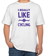White Cotton T-Shirt with "I really like Cycling" Text | Half Sleeve | Sizes S, M, L