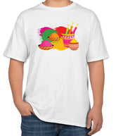 White Cotton T-Shirt with Color in Bowl Image for Holi Festival | Half Sleeve | Sizes S, M, L
