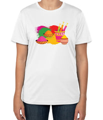 White Cotton T-Shirt with Color in Bowl Image for Holi Festival | Half Sleeve | Sizes S, M, L