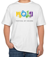 White Cotton T-Shirt with "Holi: Festival of Colors" Text | Half Sleeve | Sizes S, M, L