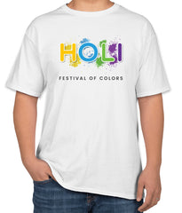 White Cotton T-Shirt with "Holi: Festival of Colors" Text | Half Sleeve | Sizes S, M, L