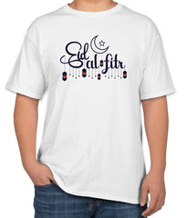 White Cotton T-Shirt with "Eid Al Fitr" Text | Half Sleeve | Sizes S, M, L