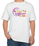 White Cotton T-Shirt for Makar Sankranti | Festival of Kites | Sizes S, M, L