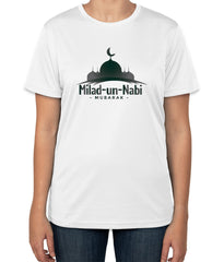 White Cotton T-Shirt for Milad un Nabi | "Milad un Nabi Mubarak" Text | Sizes S, M, L