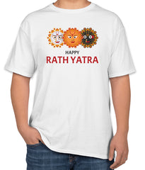 White Cotton T-Shirt for Rath Yatra | "Happy Rath Yatra" Text | Sizes S, M, L