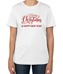 White Cotton T-Shirt with 'Merry Christmas & Happy New Year' Text | Sizes S, M, L