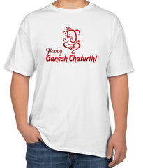 White Cotton T-Shirt with 'Happy Ganesh Chaturthi' for Festival Text | Sizes S, M, L