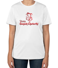 White Cotton T-Shirt with 'Happy Ganesh Chaturthi' for Festival Text | Sizes S, M, L