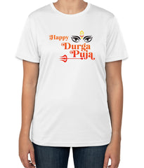 White Cotton T-Shirt with 'Happy Durga Puja' Art | Sizes S, M, L