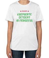 White Cotton T-Shirt with 'Danger! Corporate Retreat in Progress' Text | Sizes S, M, L