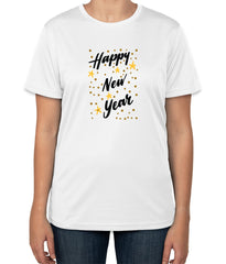 White Cotton 'Happy New Year' T-Shirt | Festive New Year Apparel | Sizes S, M, L