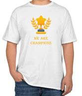 White Cotton T-Shirt: 'We Are Champions' with Trophy Icon | Sizes S, M, L