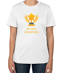 White Cotton T-Shirt: 'We Are Champions' with Trophy Icon | Sizes S, M, L