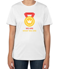 White Cotton Championship T-Shirt: 'We are what we are' with Medal Icon | Sizes S, M, L