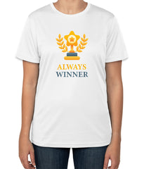 White Cotton T-Shirt with 'Always Winner' Text and Trophy Icon | Championship Tee | Sizes S, M, L