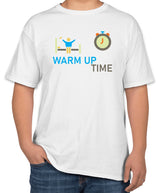 White Cotton T-Shirt with 'Warm Up Time' Text and Icons | Sizes S, M, L