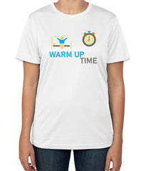 White Cotton T-Shirt with 'Warm Up Time' Text and Icons | Sizes S, M, L