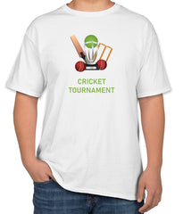 White Cotton T-Shirt with 'Cricket Tournament' Text and Cricket Set Icon | Tournament Apparel | Sizes S, M, L