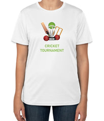 White Cotton T-Shirt with 'Cricket Tournament' Text and Cricket Set Icon | Tournament Apparel | Sizes S, M, L
