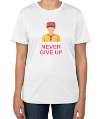 White Cotton T-Shirt with 'Never Give Up' Text and Staff Icon | Coach & Staff Apparel | Sizes S, M, L