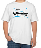 White Cotton T-Shirt with 'Happy Monday' Text | Monday Routine Apparel | Sizes S, M, L