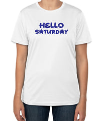 White Cotton T-Shirt with 'Hello Saturday' Text | Saturday Routine Apparel | Sizes S, M, L