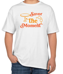 White Cotton T-Shirt with 'Savor the Moment' Text | Fine Dining Apparel | Sizes S, M, L