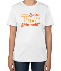White Cotton T-Shirt with 'Savor the Moment' Text | Fine Dining Apparel | Sizes S, M, L