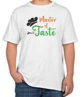 White Cotton T-Shirt with 'Master of Taste' Text, Chef's Hat & Knife | Fine Dining Apparel | Sizes S, M, L