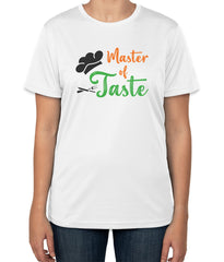 White Cotton T-Shirt with 'Master of Taste' Text, Chef's Hat & Knife | Fine Dining Apparel | Sizes S, M, L
