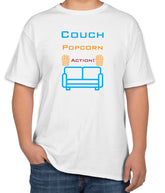 White Cotton T-Shirt with 'Couch Popcorn Action!' | Movie Night Apparel | Sizes S, M, L