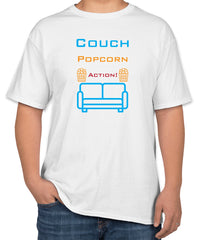 White Cotton T-Shirt with 'Couch Popcorn Action!' | Movie Night Apparel | Sizes S, M, L