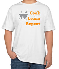 White Cotton T-Shirt with 'Cook Learn Repeat' and Utensil Icon | Cooking Classes T-Shirt | Sizes S, M, L