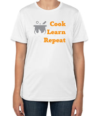 White Cotton T-Shirt with 'Cook Learn Repeat' and Utensil Icon | Cooking Classes T-Shirt | Sizes S, M, L