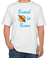 White Cotton T-Shirt with 'Knead to Know' Text and Cooking Icons | Cooking Classes | Sizes S, M, L