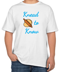 White Cotton T-Shirt with 'Knead to Know' Text and Cooking Icons | Cooking Classes | Sizes S, M, L