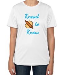 White Cotton T-Shirt with 'Knead to Know' Text and Cooking Icons | Cooking Classes | Sizes S, M, L
