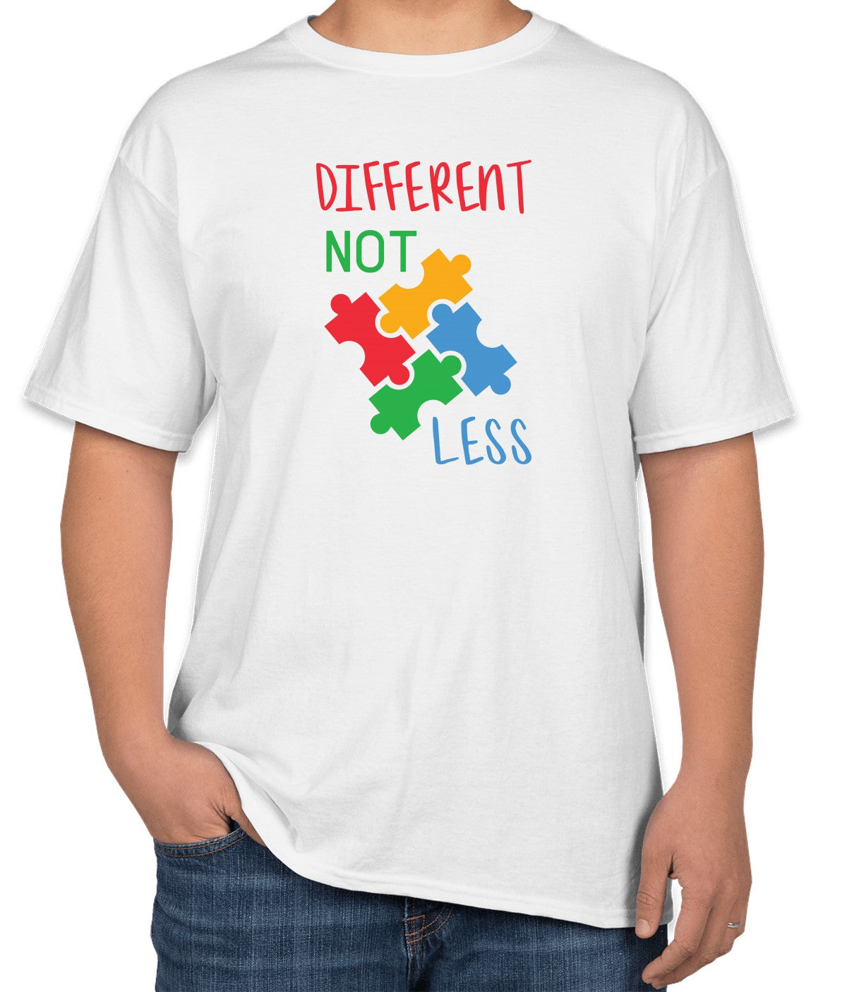 White Cotton T-Shirt with "Different Not Less" Text | Half Sleeve | Sizes S, M, L